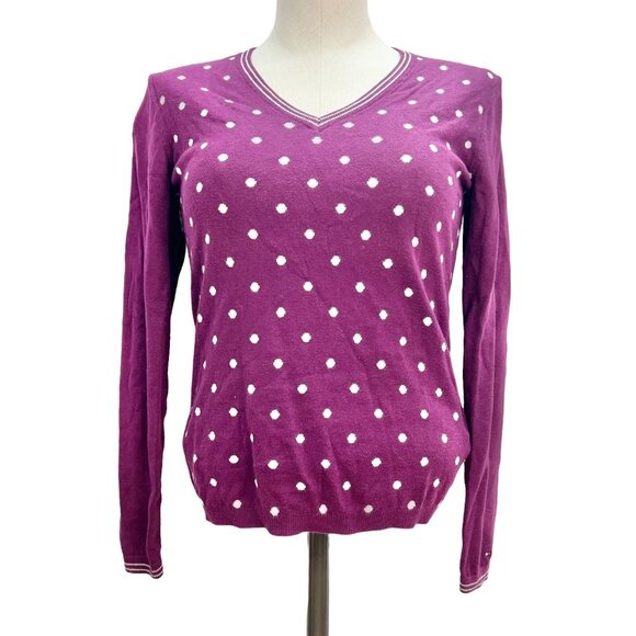 Tommy Hilfiger Womens Polka Dot Purple Sweater V-Neck Long Sleeve Size Medium - Picture 1 of 10